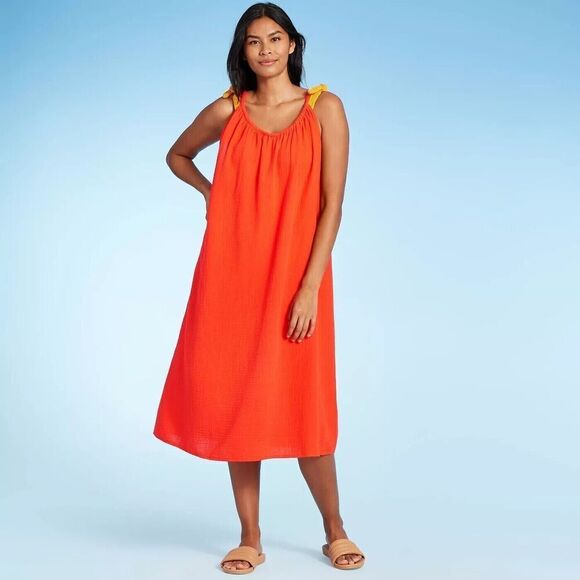 Kona Sol - Women's Midi Cover up Dress - red Orange SIZE S-M (4-10) - Picture 5 of 9